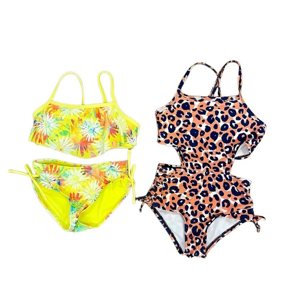 Cat & Jack Other - Cat & Jack Girls Swimsuits Yellow Floral 2 Piece & Leopard Print 1 Piece Size 4